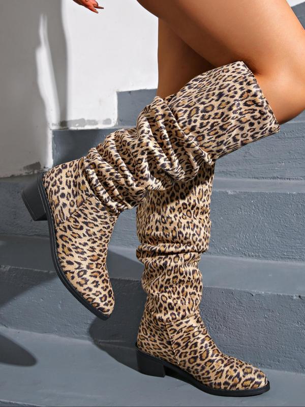 Women's Fashion Leopard Print Ruched Boots, Trendy Pointed Toe High Heel Boots, Stylish Boots for Daily Wear for All Seasons