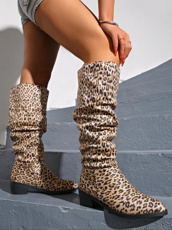 Women's Fashion Leopard Print Ruched Boots, Trendy Pointed Toe High Heel Boots, Stylish Boots for Daily Wear for All Seasons