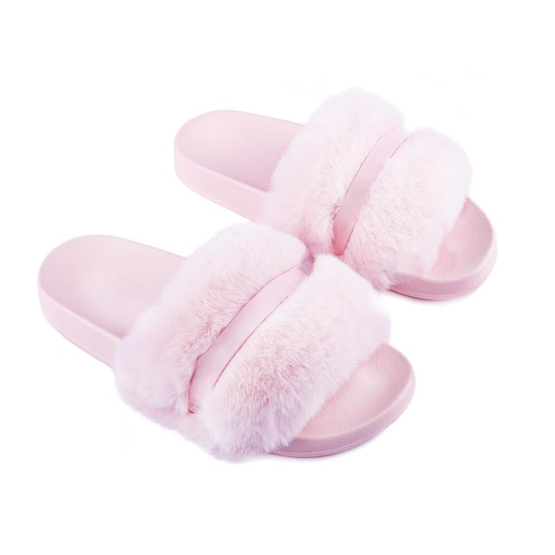 Women's Faux Fur Slides, Open Toe Cute Fur Slippers, Comfortable Fur Sandals With Fluffy Fur Girl Shoe Footwear Walking Shoes Nail Elastic Summer 2 Inch