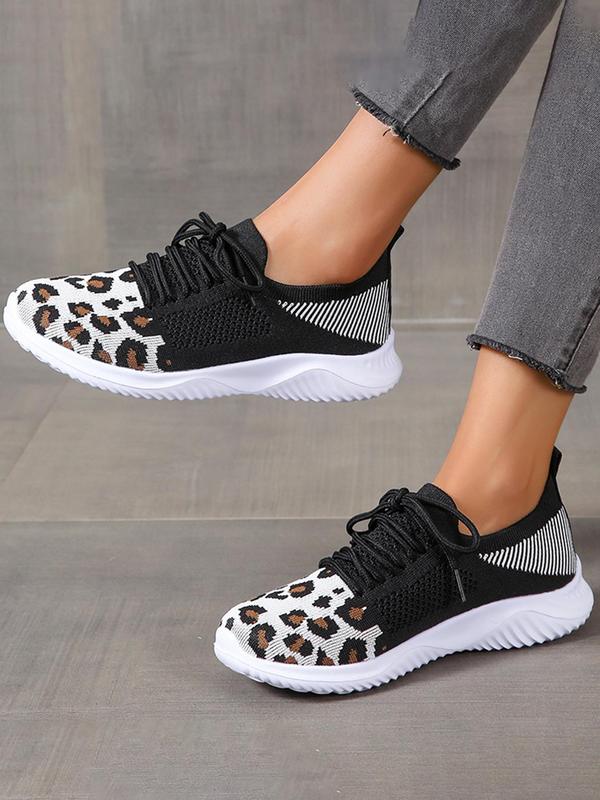 Fashion Leopard Pattern Lace Up Mesh Sneakers, Casual Breathable Comfortable Sports Running Shoes, All-match Round Toe Shoes for Women