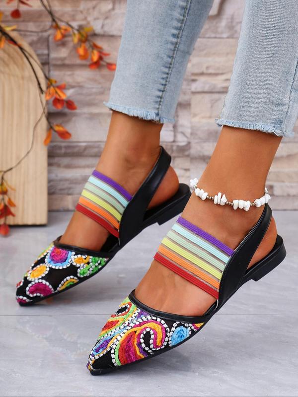 Women's Fashionable Floral Embroidery Slip on Sandals, Casual Comfortable Pointed Toe Sandals for Summer, Female All-match Round Toe Shoes for Daily Wear