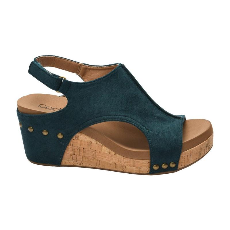 CORKYS CARLEY WEDGE SANDALS - TEAL FAUX SUEDE