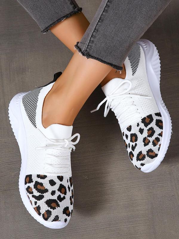 Fashion Leopard Pattern Lace Up Mesh Sneakers, Casual Breathable Comfortable Sports Running Shoes, All-match Round Toe Shoes for Women