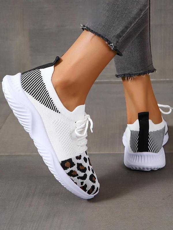 Fashion Leopard Pattern Lace Up Mesh Sneakers, Casual Breathable Comfortable Sports Running Shoes, All-match Round Toe Shoes for Women