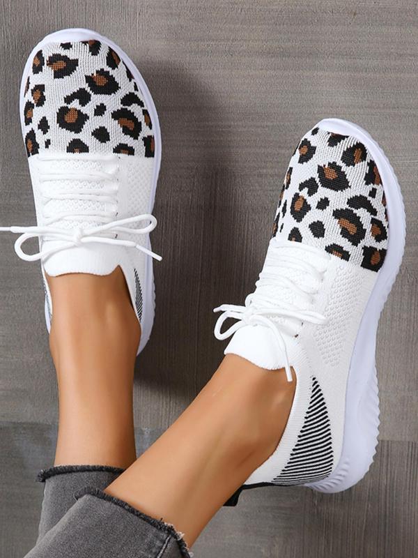 Fashion Leopard Pattern Lace Up Mesh Sneakers, Casual Breathable Comfortable Sports Running Shoes, All-match Round Toe Shoes for Women