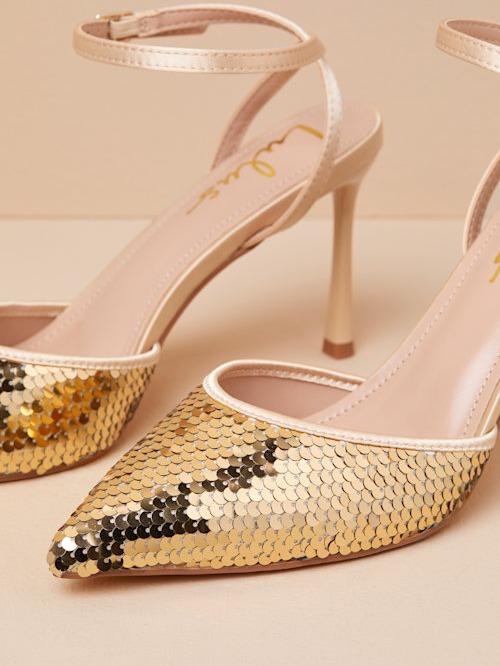 Arley Gold Sequin Ankle Strap Pumps - Women's Shoe - Footwear