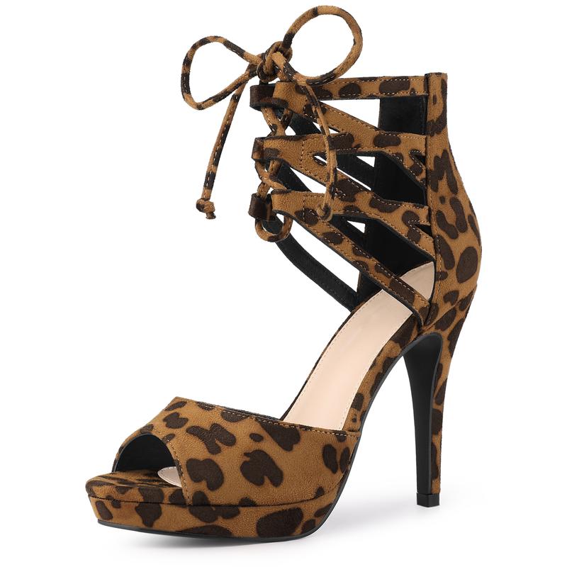 Allegra K Platform Gladiator Strappy Open Toe Stiletto High Heel Sandals Leopard