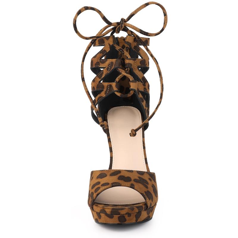 Allegra K Platform Gladiator Strappy Open Toe Stiletto High Heel Sandals Leopard