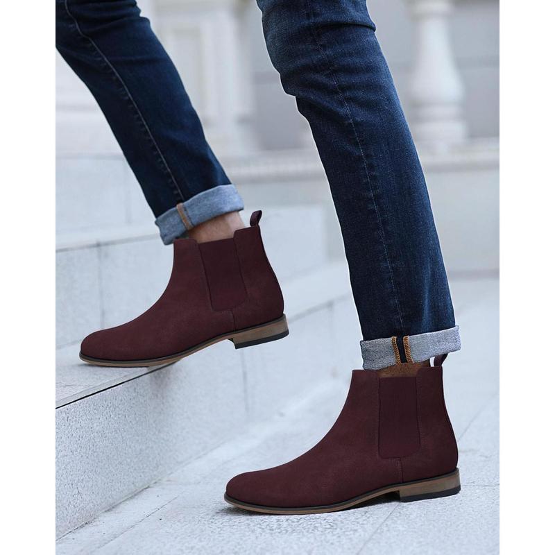 Mens Chelsea Boot Slip On Pointed Toe Stacked Low Heel Faux Suede Casual Dress Boot