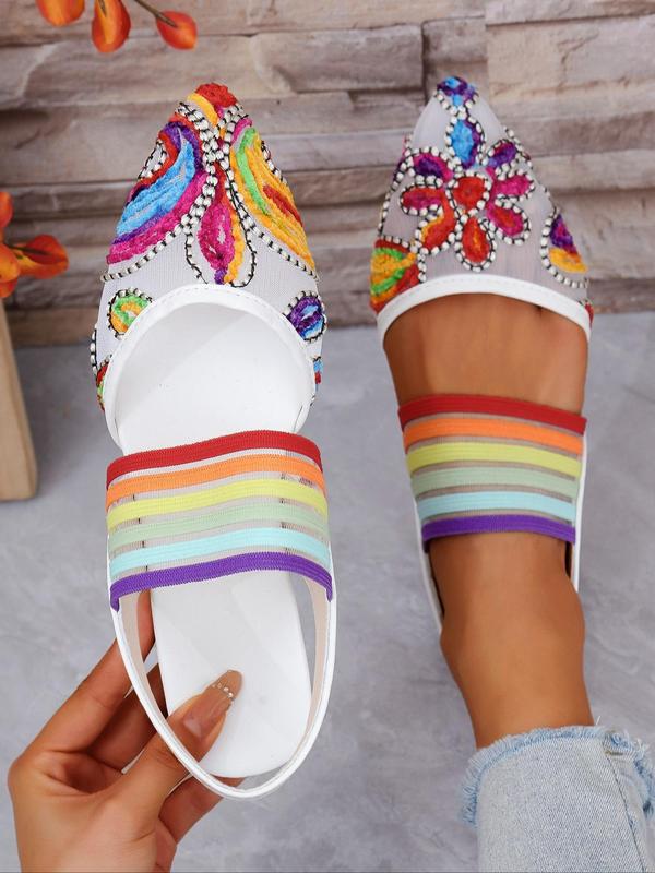 Women's Fashionable Floral Embroidery Slip on Sandals, Casual Comfortable Pointed Toe Sandals for Summer, Female All-match Round Toe Shoes for Daily Wear