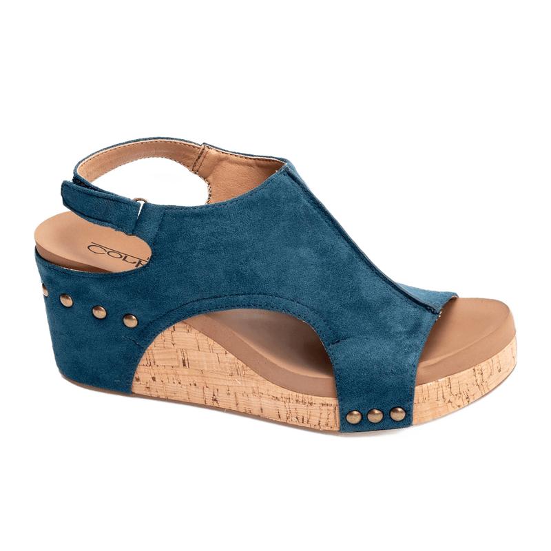 CORKYS CARLEY WEDGE SANDALS - TEAL FAUX SUEDE