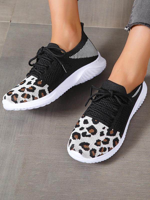 Fashion Leopard Pattern Lace Up Mesh Sneakers, Casual Breathable Comfortable Sports Running Shoes, All-match Round Toe Shoes for Women