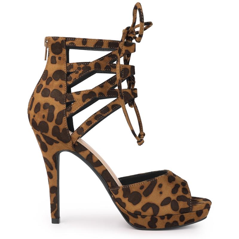 Allegra K Platform Gladiator Strappy Open Toe Stiletto High Heel Sandals Leopard