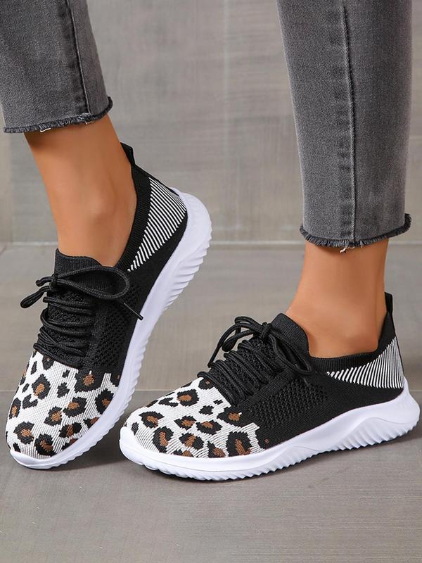 Fashion Leopard Pattern Lace Up Mesh Sneakers, Casual Breathable Comfortable Sports Running Shoes, All-match Round Toe Shoes for Women