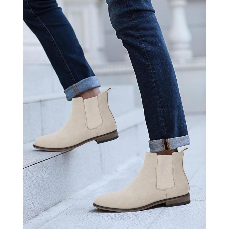 Mens Chelsea Boot Slip On Pointed Toe Stacked Low Heel Faux Suede Casual Dress Boot