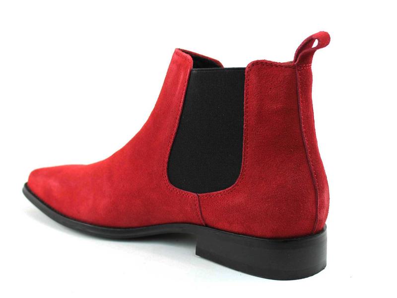 Men's Real Suede Red Chelsea Boots Ankle High Pull On Round Toe Slip Resistant Block Heel AZARMAN