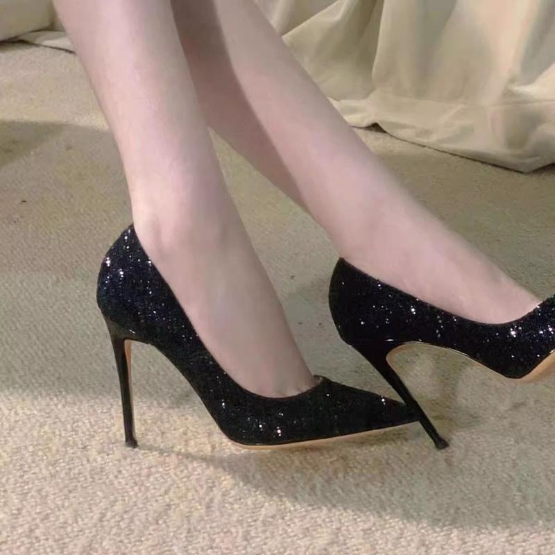 Black with Red Background High Heels Women's Fine New Sequins Crystal Wedding Shoes Pointed Professional Pumps Versatile