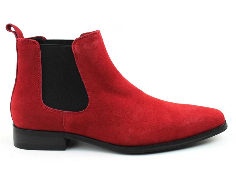 Men's Real Suede Red Chelsea Boots Ankle High Pull On Round Toe Slip Resistant Block Heel AZARMAN