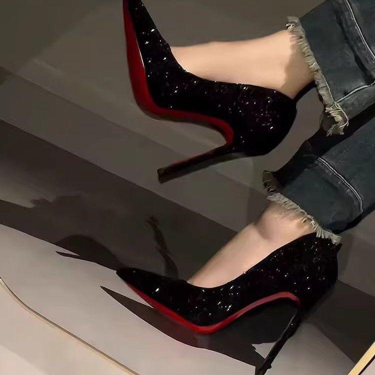 Black with Red Background High Heels Women's Fine New Sequins Crystal Wedding Shoes Pointed Professional Pumps Versatile