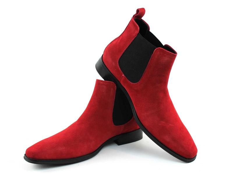 Men's Real Suede Red Chelsea Boots Ankle High Pull On Round Toe Slip Resistant Block Heel AZARMAN