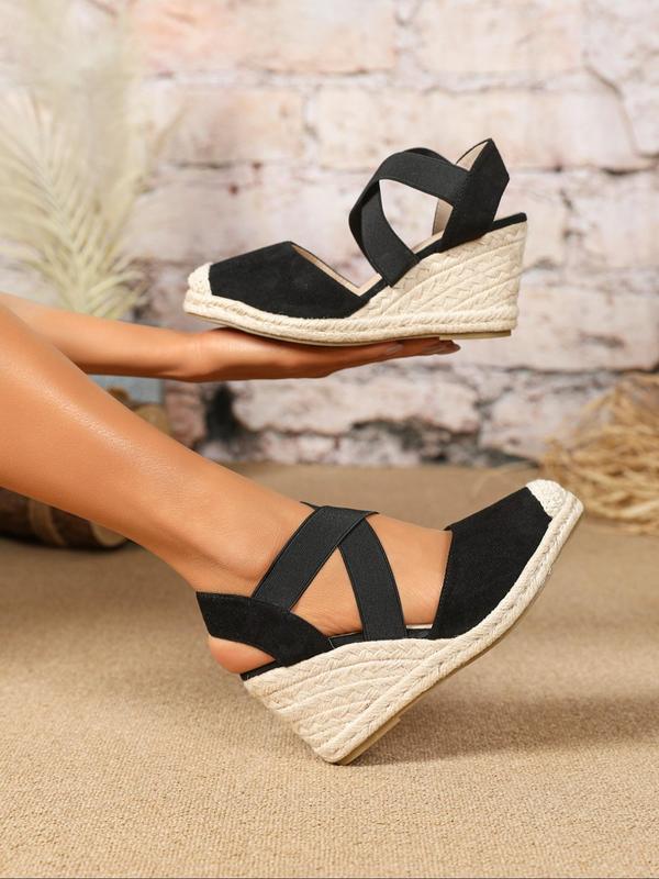 Women's Summer 2024 Fashion Cross Strap Closed Toe Espadrille Wedge Sandals, Simple Plain Color & Leopard Print Decoration Strap, Back To School, 2024 Fall Shoes