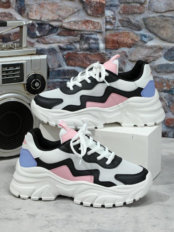 Women's Trendy Color Block Low Top Sneakers, Chunky Sneakers with Lace Up, Fall Shoes