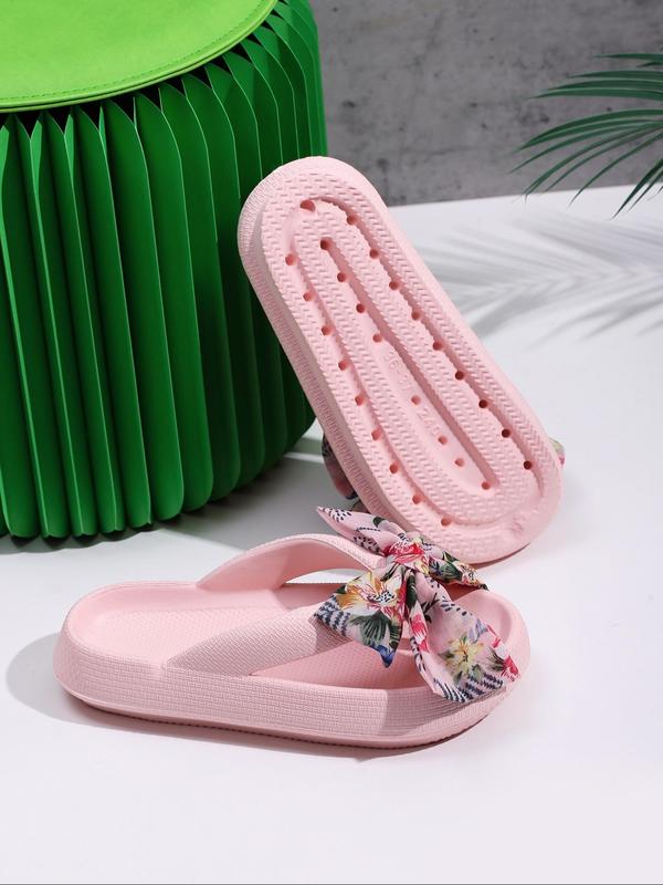 Women's Cute Floral Graphic Bowknot Design Platform Flip Flops for Spring, 2024 New Trendy Flatform Slide Sandals, Fashionable House Slippers for Women for Beach Vacation