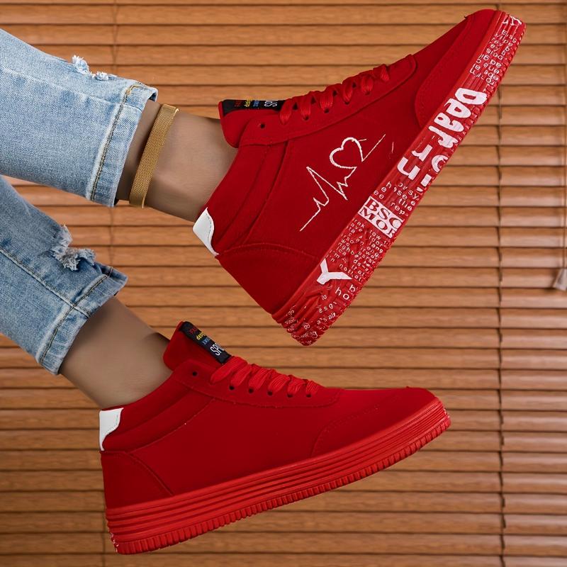 Women's Solid Color Casual Sneakers, Heart Print Soft Sole Platform Skate Shoes, Valentine's Day Low-top Shoes plus size