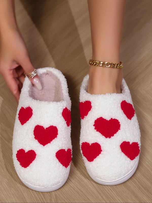 Women's Cute Heart Print Plush Slippers, Casual Soft Comfortable Home Slippers, Warm Slippers for Indoor & Outdoor Use for Fall & Winter