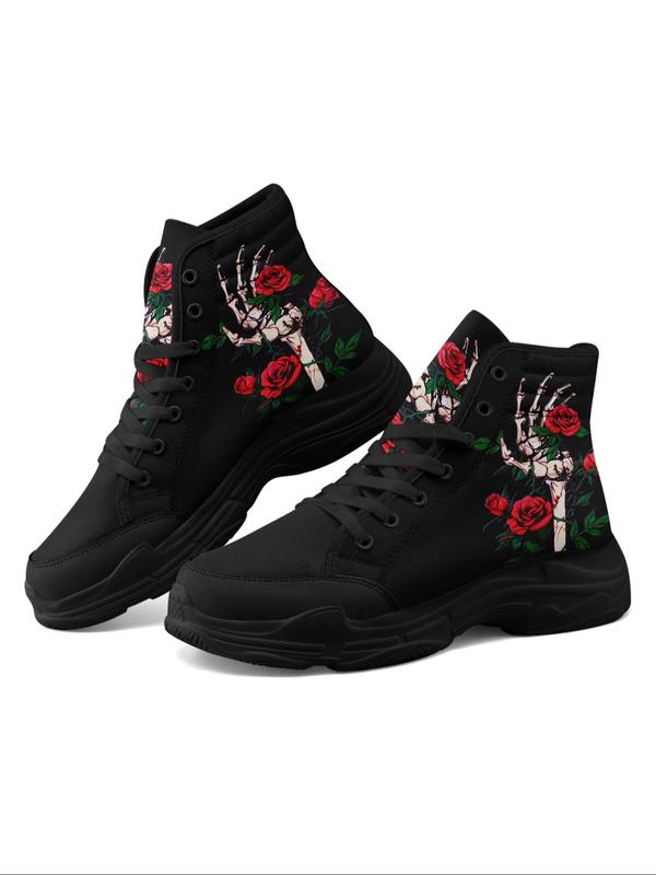 Women's Floral & Skeleton Hand Print High Top Sneakers, Fashionable Lace Up Front Chunky Sneakers, Casual Comfortable Sports Shoes for Daily Wear