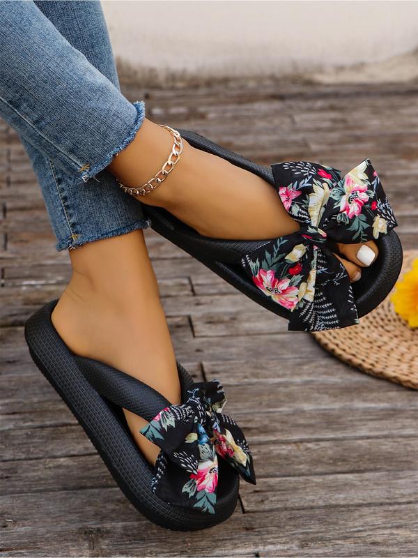 Women's Cute Floral Graphic Bowknot Design Platform Flip Flops for Spring, 2024 New Trendy Flatform Slide Sandals, Fashionable House Slippers for Women for Beach Vacation