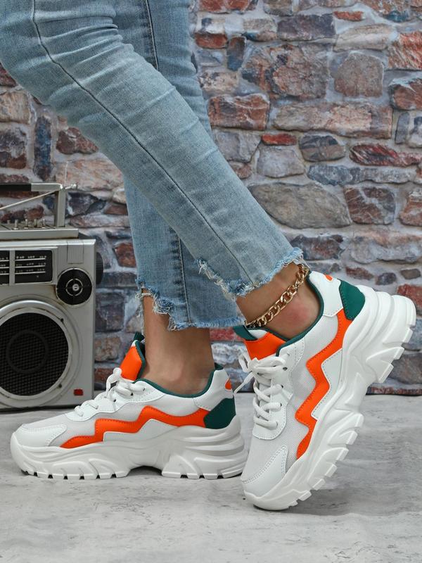 Women's Trendy Color Block Low Top Sneakers, Chunky Sneakers with Lace Up, Fall Shoes