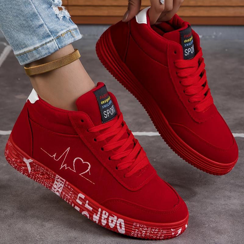 Women's Solid Color Casual Sneakers, Heart Print Soft Sole Platform Skate Shoes, Valentine's Day Low-top Shoes plus size