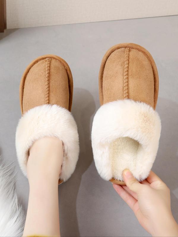 Women's Casual Minimalist Fluffy Plush Trim Lined House Slippers, Trendy Soft Plain Color Home Slippers, Warm Fuzzy Slippers for Fall & Winter, Girl's Comfort Walking Shoes, Footwear