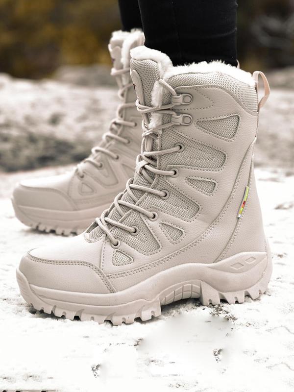 Women's Waterproof Lace Up Snow Boots, Casual Contrast Mesh Design Mid-calf Boots for Outdoor Winter, Female All-match Trend Boots for Daily Wear