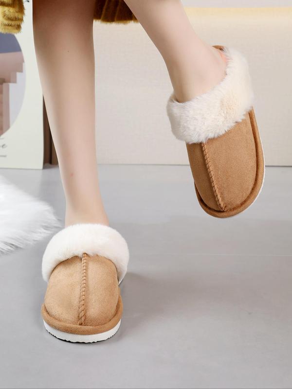 Women's Casual Minimalist Fluffy Plush Trim Lined House Slippers, Trendy Soft Plain Color Home Slippers, Warm Fuzzy Slippers for Fall & Winter, Girl's Comfort Walking Shoes, Footwear