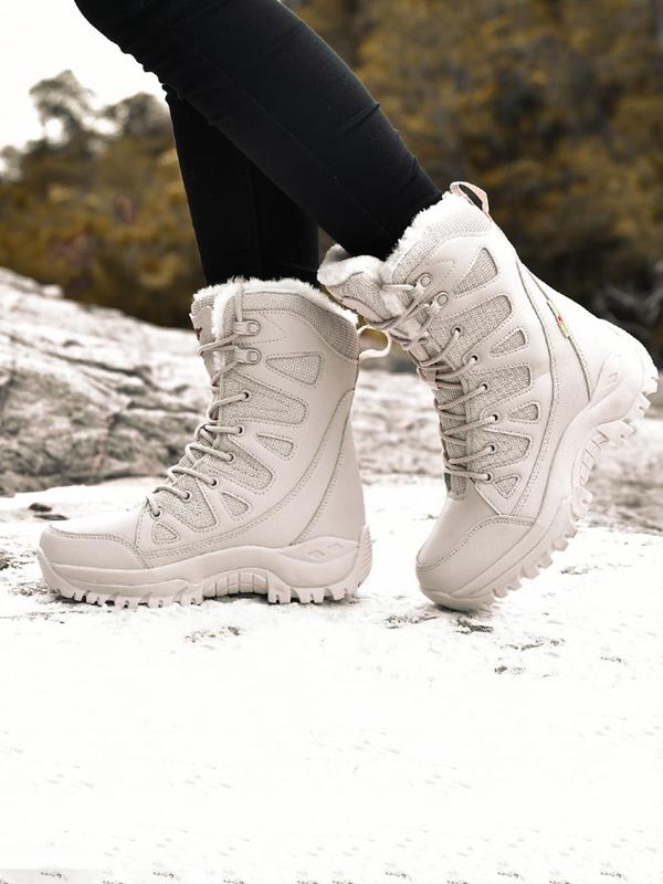 Women's Waterproof Lace Up Snow Boots, Casual Contrast Mesh Design Mid-calf Boots for Outdoor Winter, Female All-match Trend Boots for Daily Wear