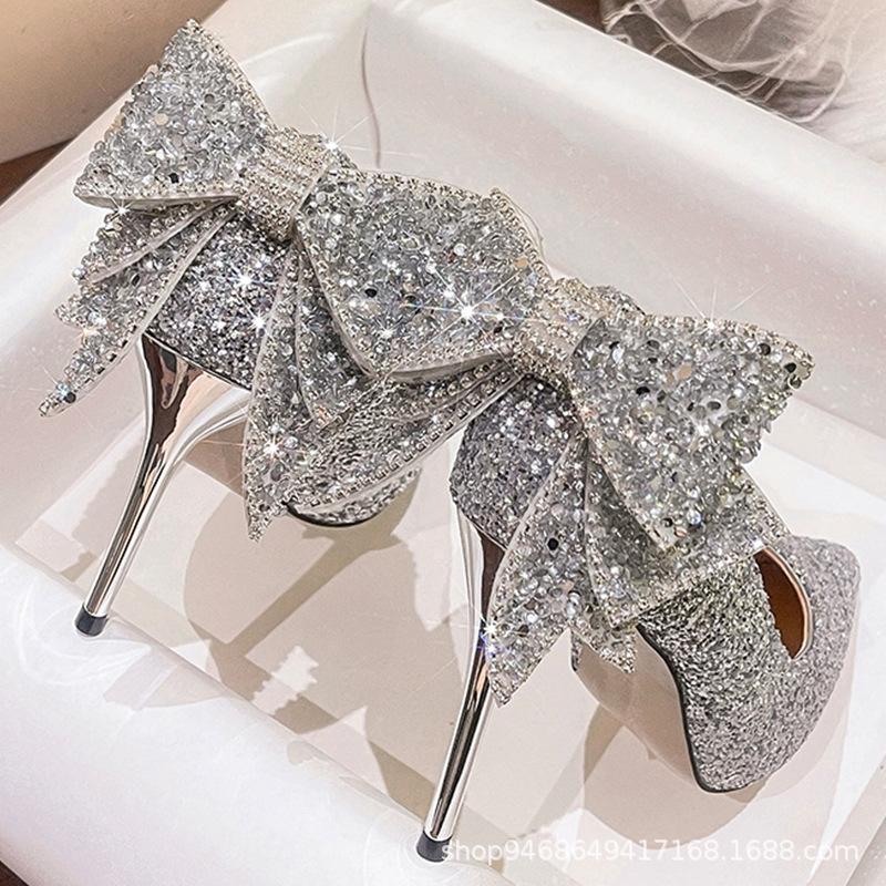 Women's Shoes Silver Fairy Bright Crystal Adult 18-Year-Old Birthday Gift Bow Bride Main Yarn Wedding Shoes High Heels