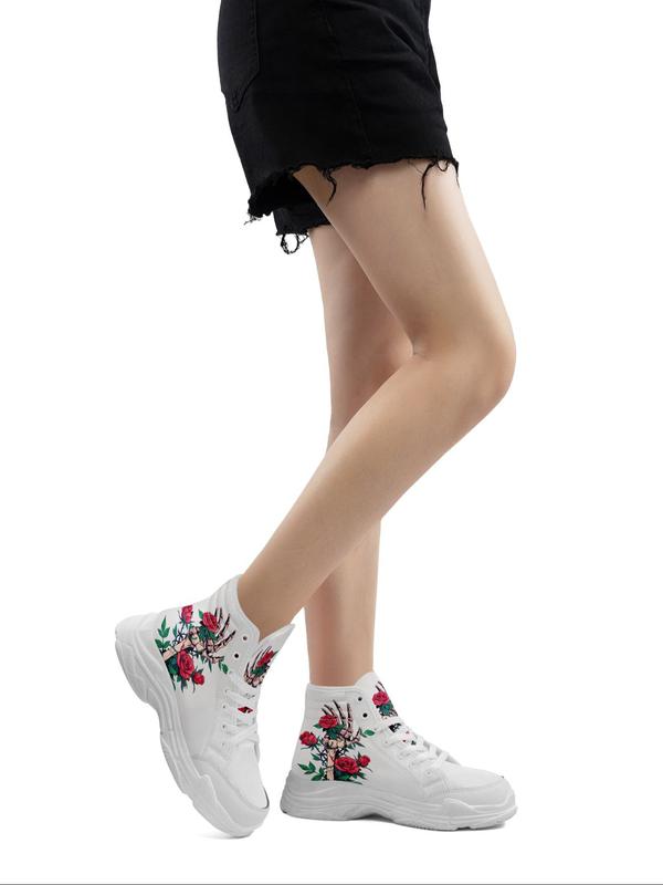 Women's Floral & Skeleton Hand Print High Top Sneakers, Fashionable Lace Up Front Chunky Sneakers, Casual Comfortable Sports Shoes for Daily Wear