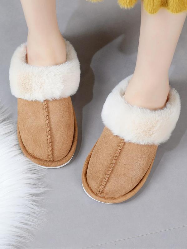 Women's Casual Minimalist Fluffy Plush Trim Lined House Slippers, Trendy Soft Plain Color Home Slippers, Warm Fuzzy Slippers for Fall & Winter, Girl's Comfort Walking Shoes, Footwear