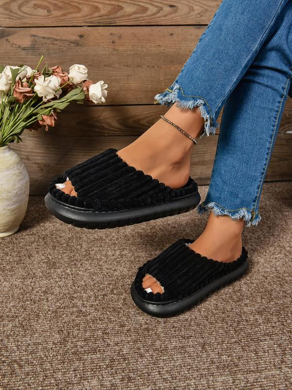 Women's Minimalist Plain Color Striped Design Slippers, Casual Soft Comfortable Home Slippers, Non-slip Thick Sole Slippers for Indoor & Outdoor Wear