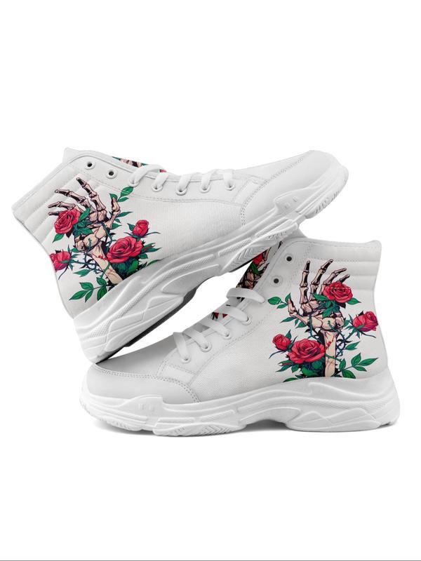 Women's Floral & Skeleton Hand Print High Top Sneakers, Fashionable Lace Up Front Chunky Sneakers, Casual Comfortable Sports Shoes for Daily Wear