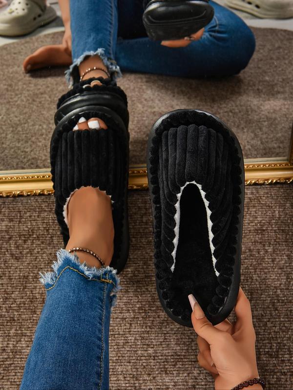 Women's Minimalist Plain Color Striped Design Slippers, Casual Soft Comfortable Home Slippers, Non-slip Thick Sole Slippers for Indoor & Outdoor Wear