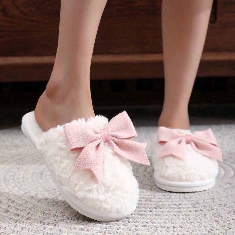 Plush Bow Tie Slippers For Women, Warm Indoor House Slippers, Couple Wear, Non-Slip Floor Furry Mules For Winter