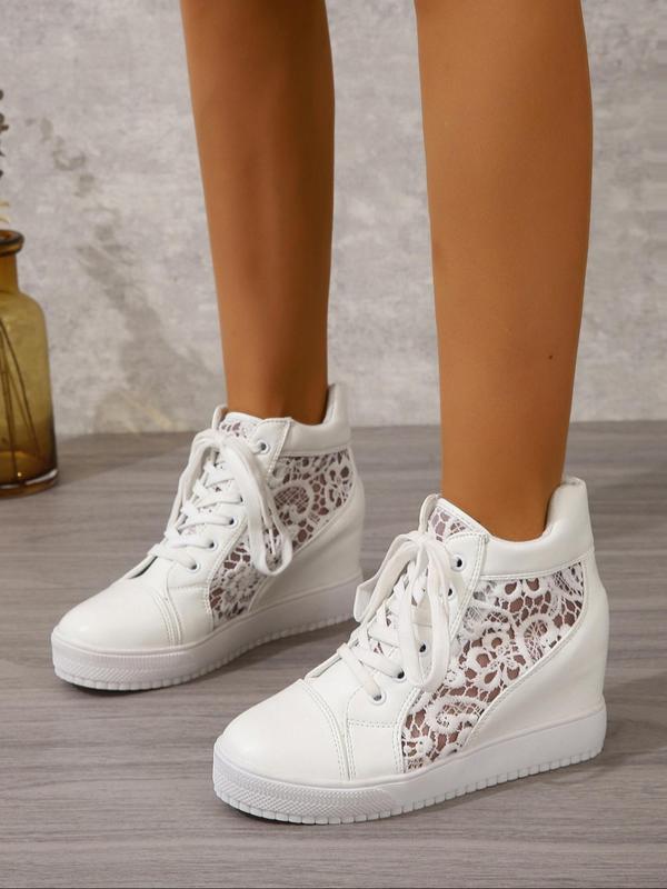 Women's Hollow Out Design Lace Up Wedge Sneakers, Casual Comfort Breathable Wedge Shoes for Daily Wear, Trendy All-match Shoes for Women & Girls