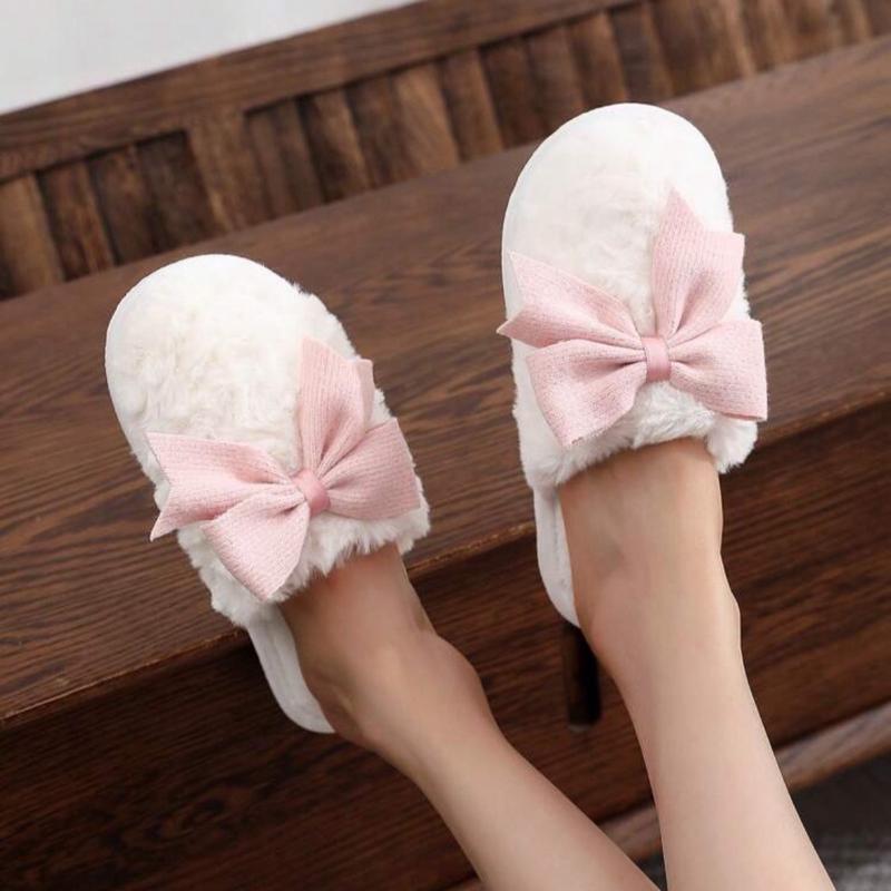 Plush Bow Tie Slippers For Women, Warm Indoor House Slippers, Couple Wear, Non-Slip Floor Furry Mules For Winter