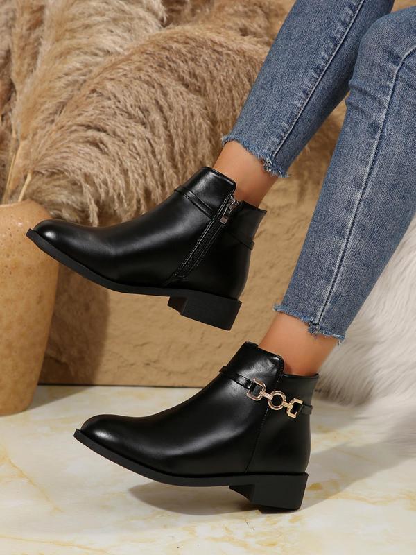 Women's Fashionable Solid Color Chain Decorated Boots, Elegant Zipper Design Ankle Boots for Daily Wear, Female All-match Trendy Shoes for Fall & Winter