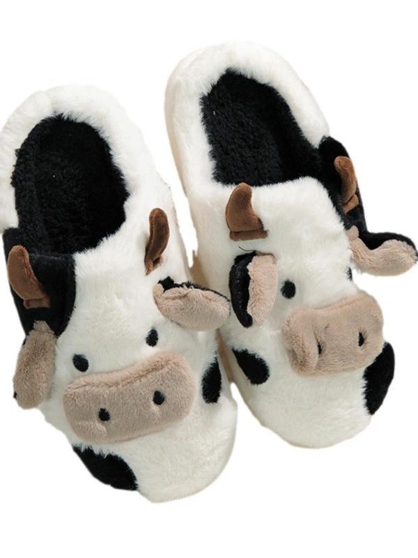 Women's Cute Cow Design Plush Slippers, Casual Soft Comfortable Home Slippers, Warm Slippers for Indoor & Outdoor Use for Fall & Winter