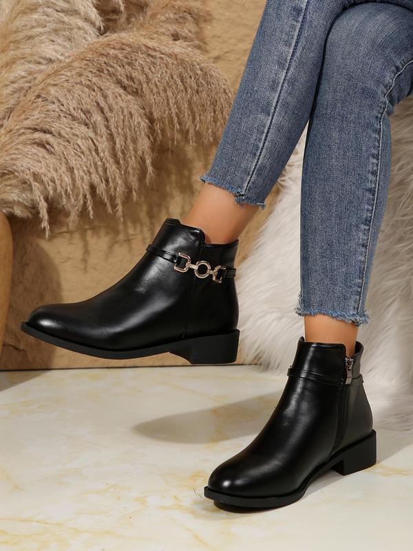 Women's Fashionable Solid Color Chain Decorated Boots, Elegant Zipper Design Ankle Boots for Daily Wear, Female All-match Trendy Shoes for Fall & Winter