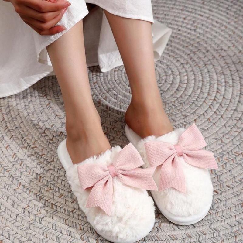 Plush Bow Tie Slippers For Women, Warm Indoor House Slippers, Couple Wear, Non-Slip Floor Furry Mules For Winter